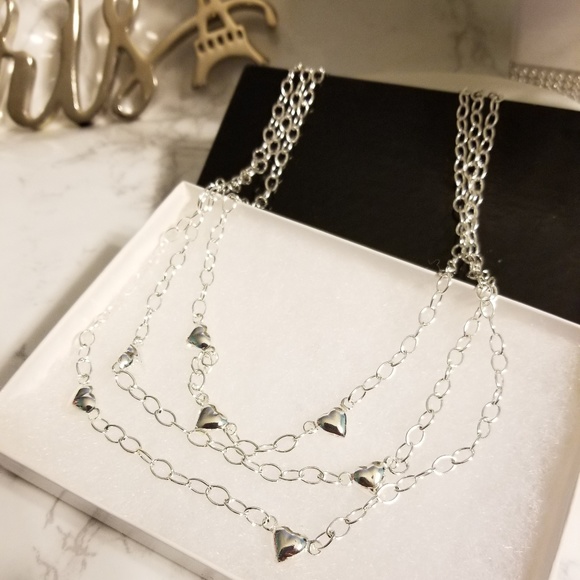 NWOT Silver Three Tier Necklace with Hearts - Picture 2 of 6
